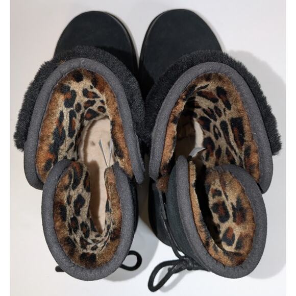 UGG Women's 10 Classic Leopard Lined Bow Black Suede Boots Animal Print 1105354 - Picture 9 of 14